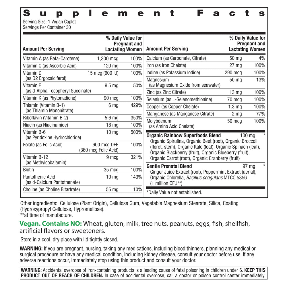Back view of Rainbow Light Prenatal One+ bottle showing supplement facts