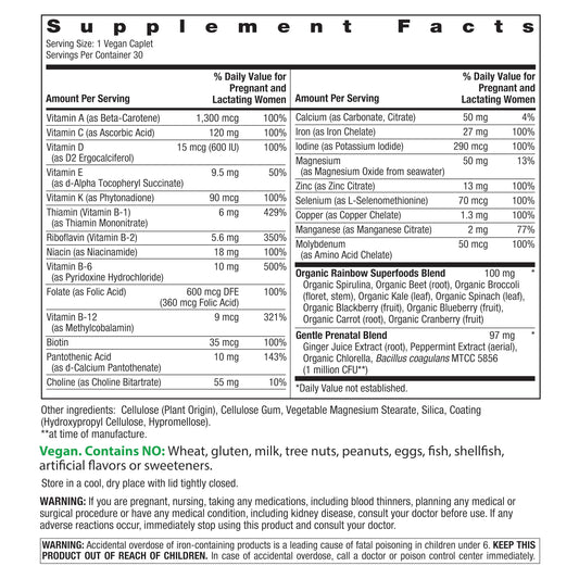 Back view of Rainbow Light Prenatal One+ bottle showing supplement facts