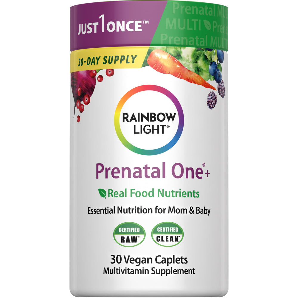 Front view of Rainbow Light Prenatal Multivitamin One+ for Women bottle with 30 caplets