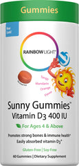 Bottle of Rainbow Light Sunny Gummies Vitamin D3 400 IU with label