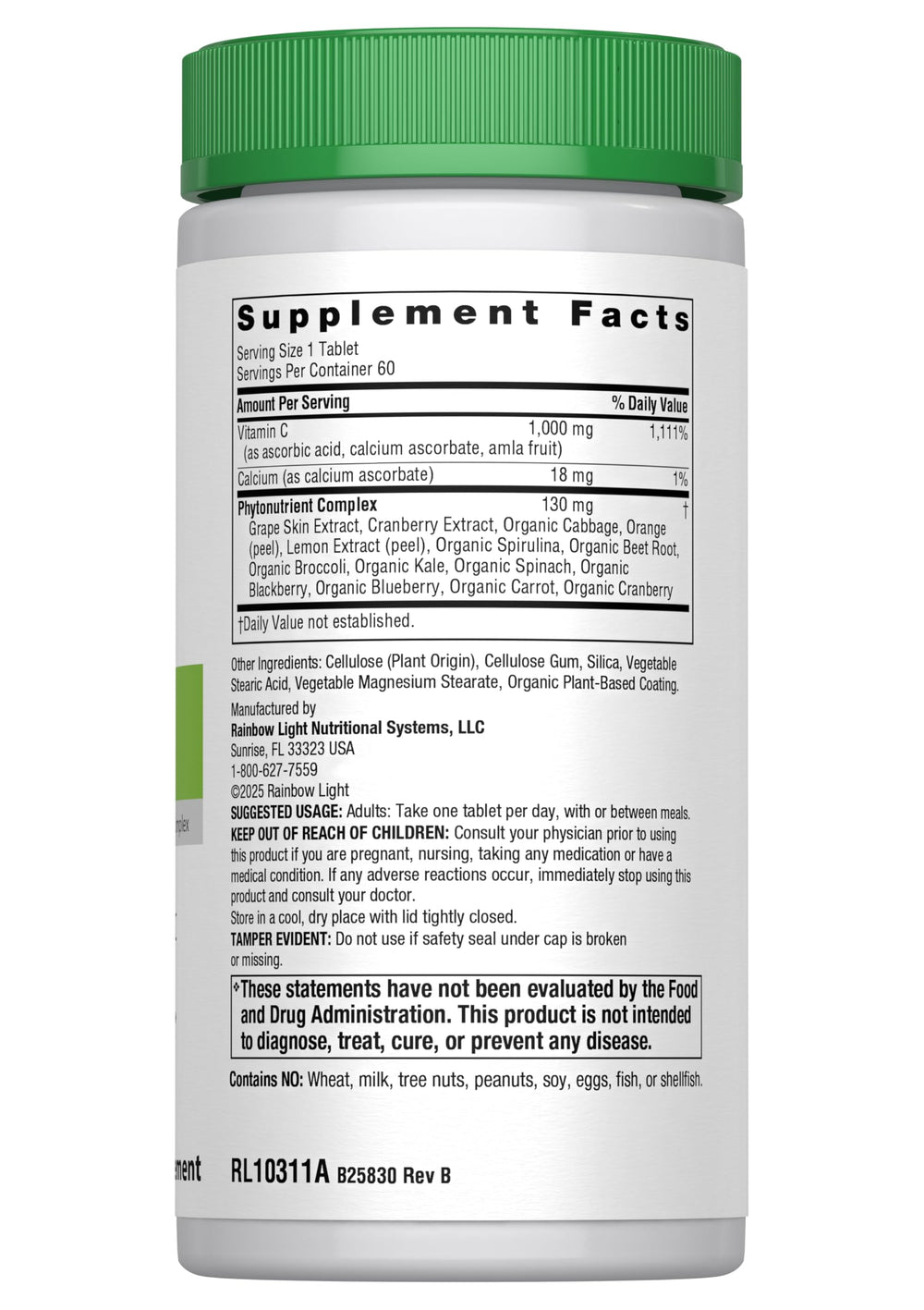 Close-up of vitamin C ingredients showing calcium ascorbate and whole-food blend