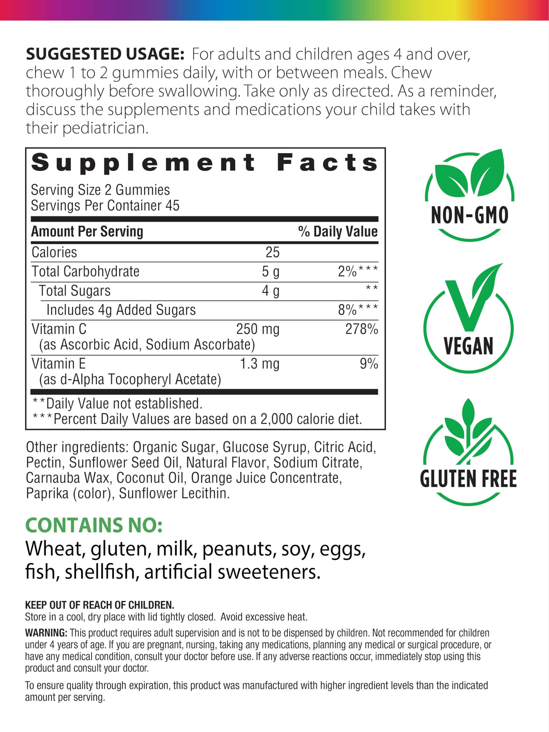 Packaging for Rainbow Light Vitamin C Gummies with Vitamin E, 90-count