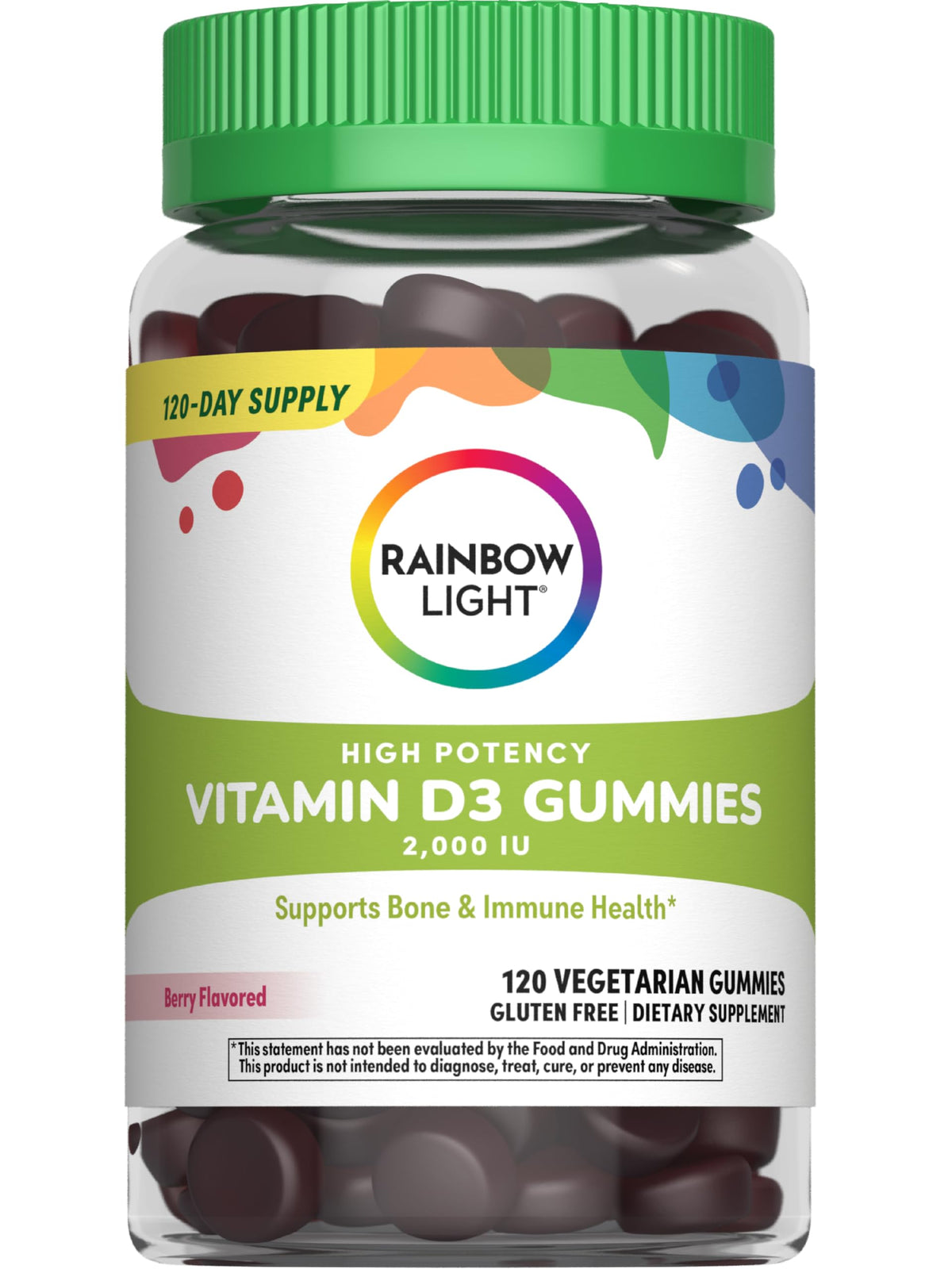 Bottle of Rainbow Light Vitamin D3 Gummies with Berry flavor, 2000 IU