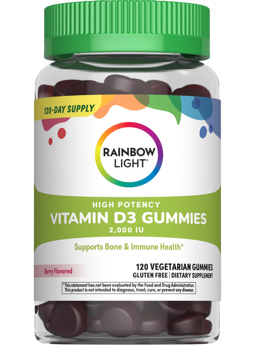 Bottle of Rainbow Light Vitamin D3 Gummies with Berry flavor, 2000 IU