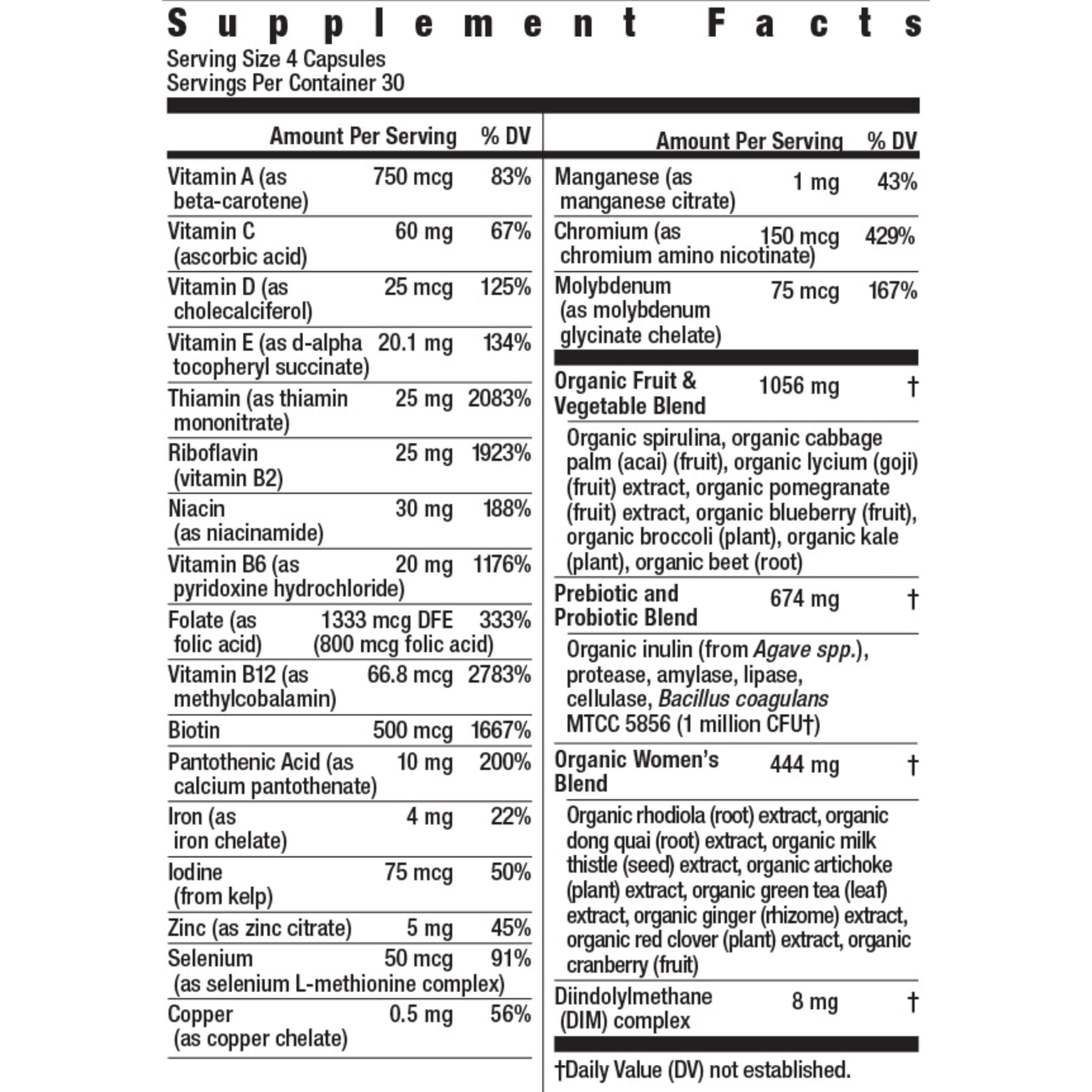 Close-up of Rainbow Light Women's Multivitamin label highlighting Organic Blend