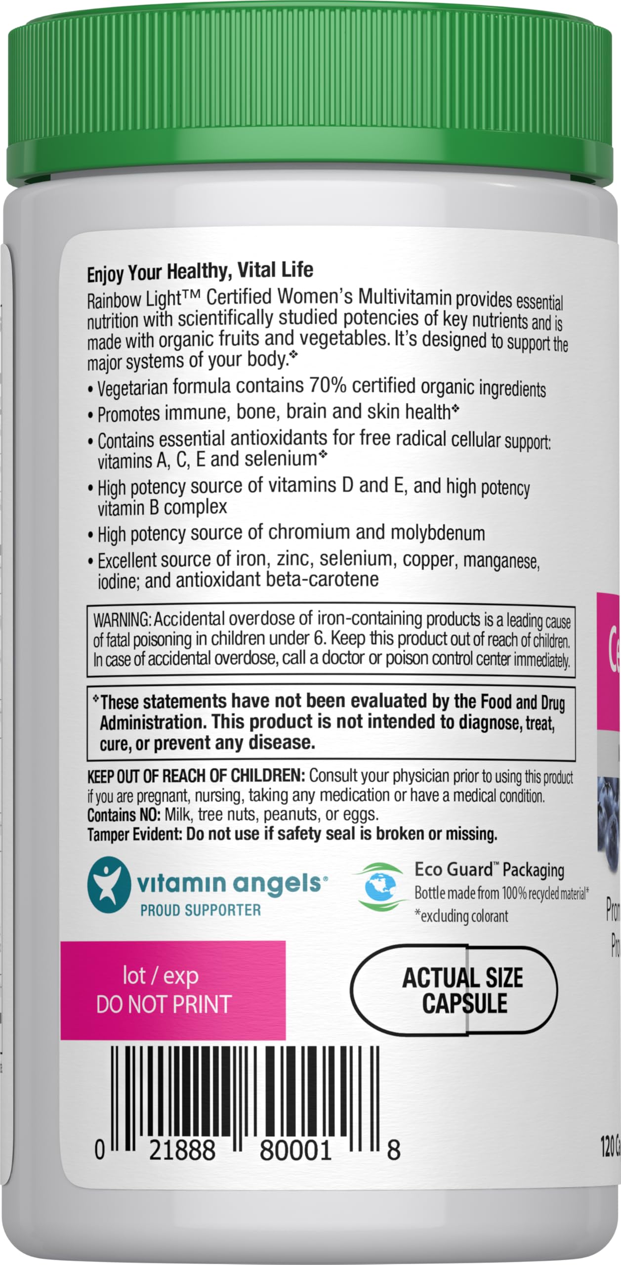 Close-up of Rainbow Light Women’s Multivitamin bottle with capsules