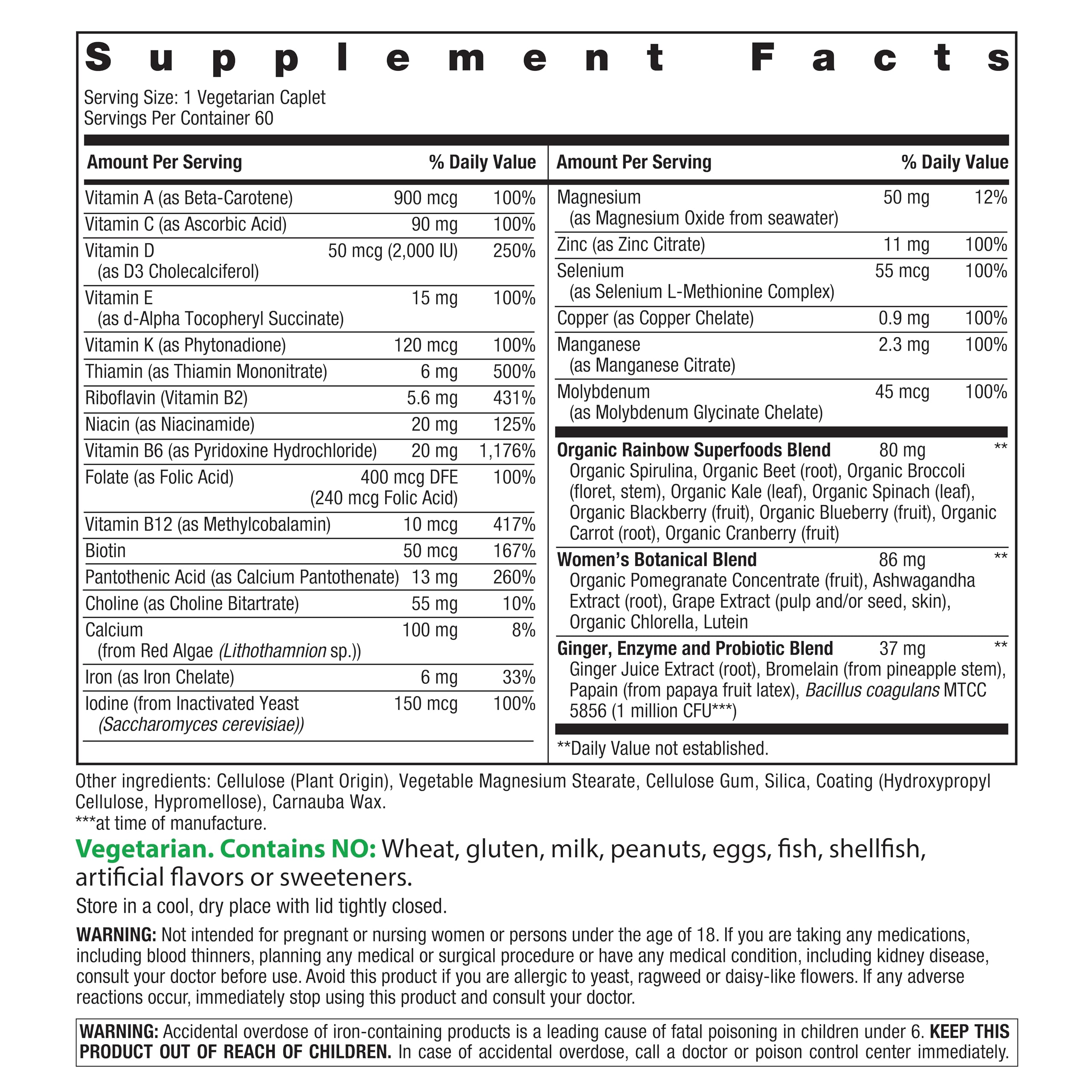 Close-up of Rainbow Light multivitamin label highlighting vegetarian formula