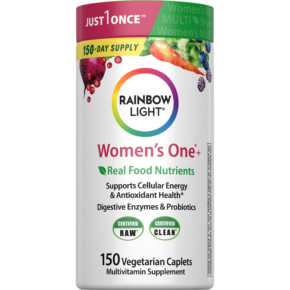Rainbow Light Women's One Multivitamin bottle front promoting daily energy support