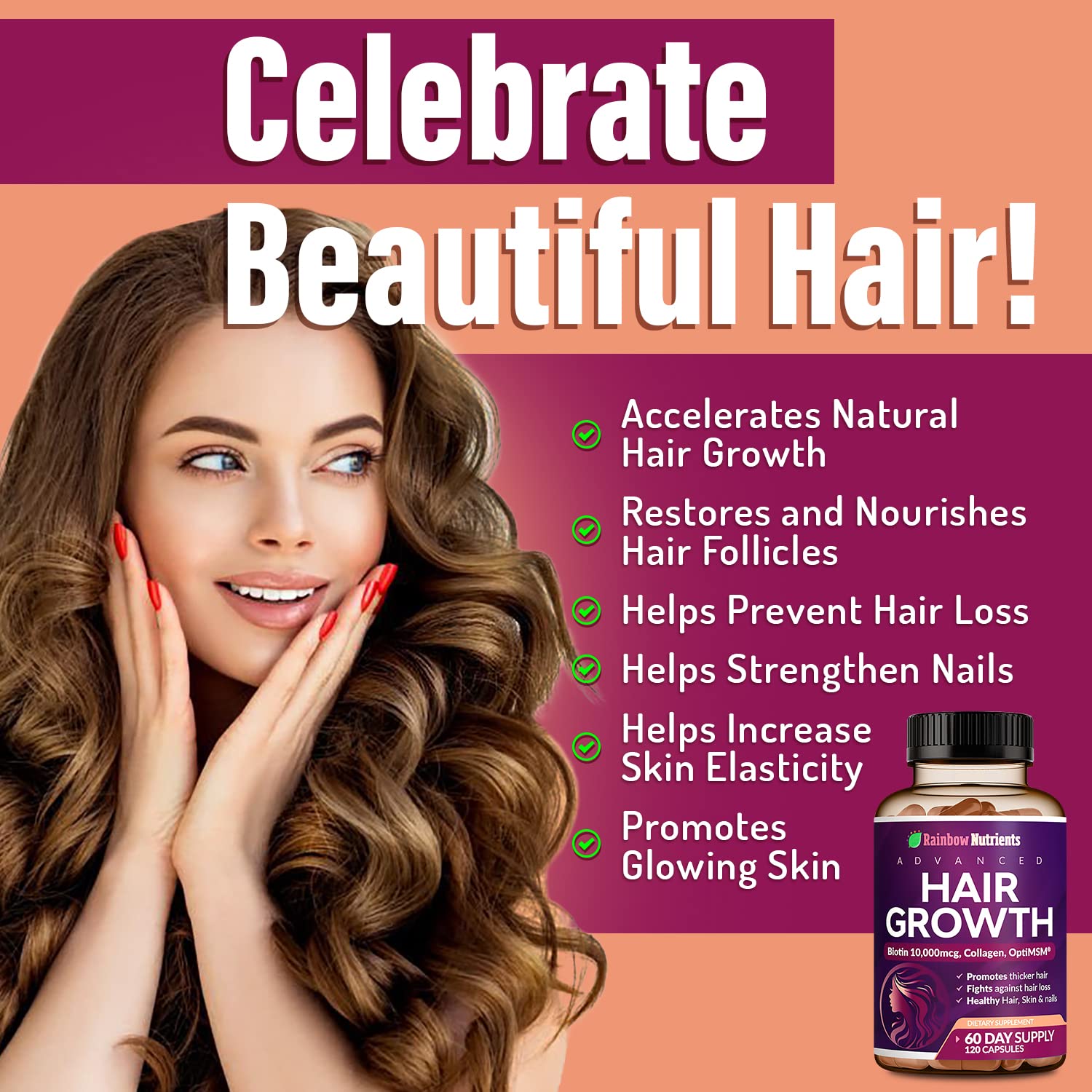 Rainbow Nutrients Hair Growth capsules in bottle showing biotin and collagen