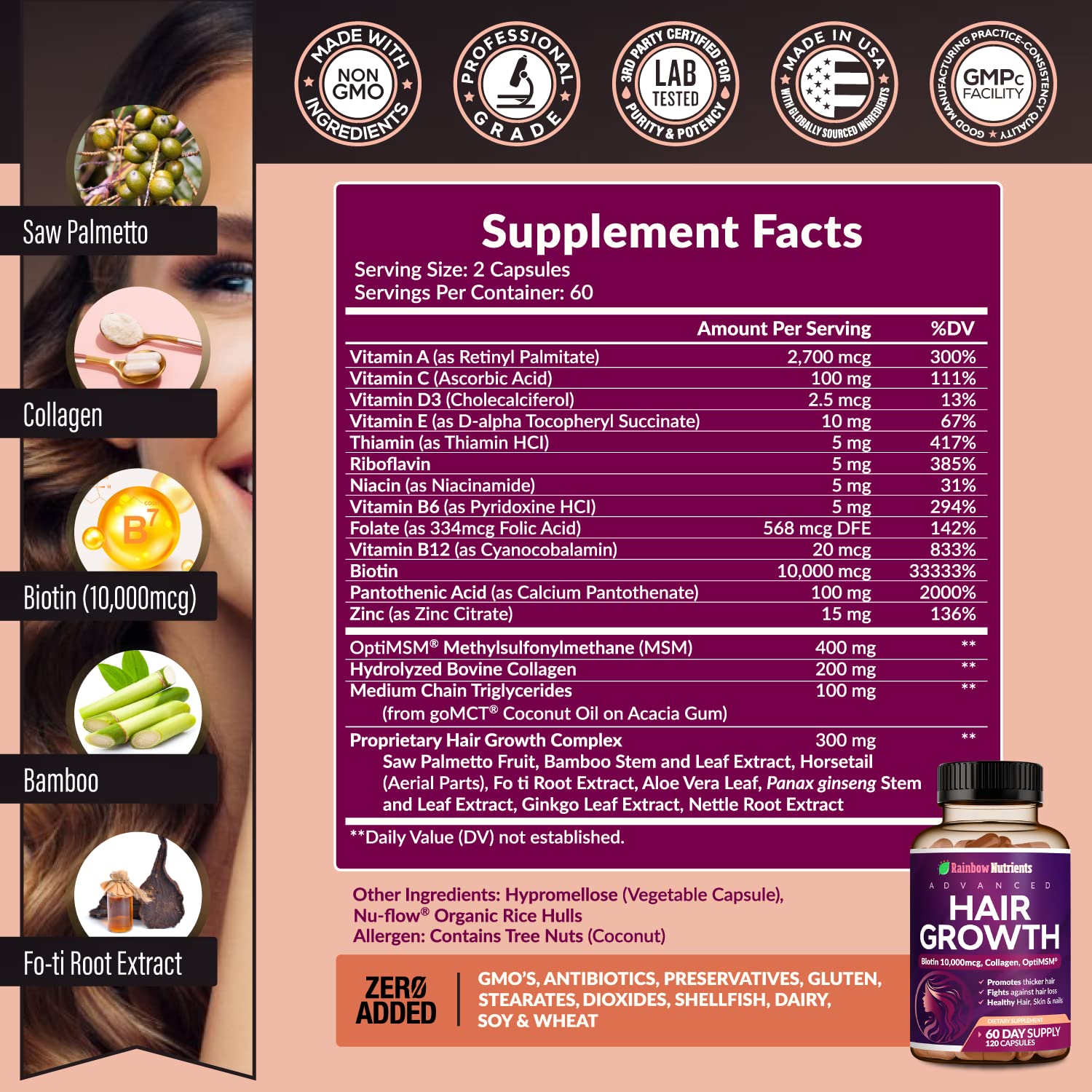 Rainbow Nutrients Hair Growth label close-up highlighting ingredients