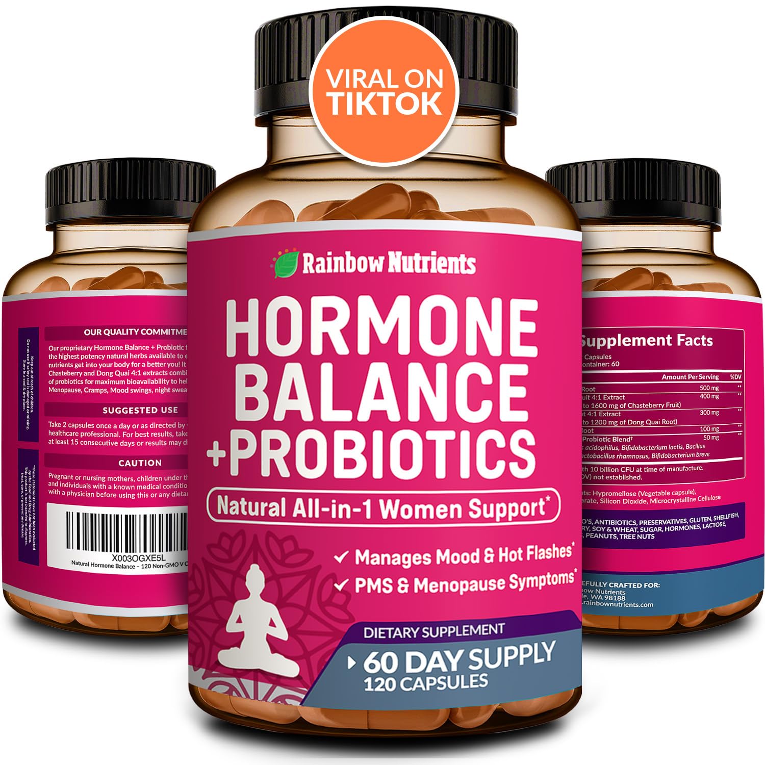 Rainbow Nutrients Hormone Balance Probiotics bottle supports monthly comfort with herbal and probiotic blend.
