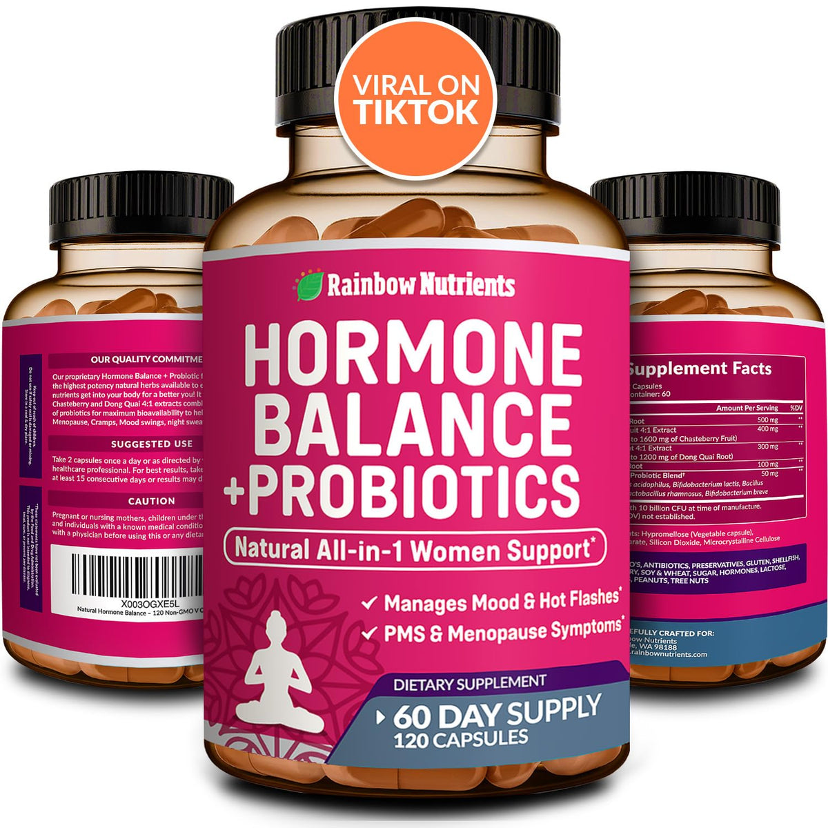 Rainbow Nutrients Hormone Balance Probiotics bottle supports monthly comfort with herbal and probiotic blend.