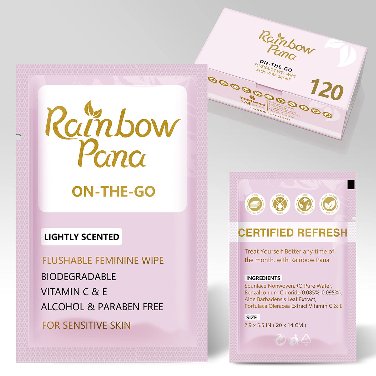 RainbowPana Feminine Wipes packaging shows travel-ready design for on-the-go cleansing.