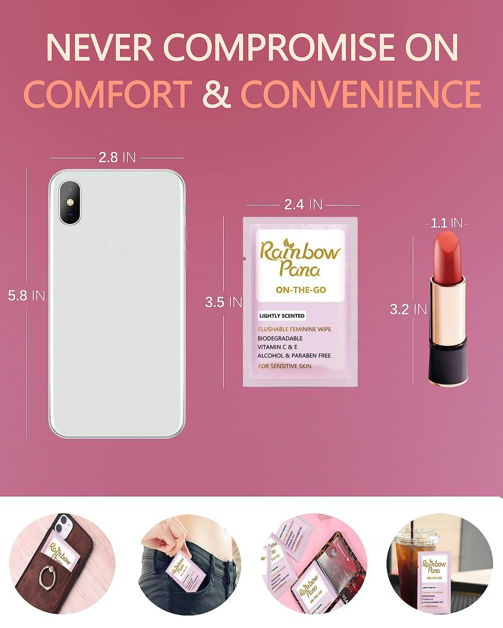 RainbowPana wipes come in 3.5 by 2.4 inch pocket packaging.