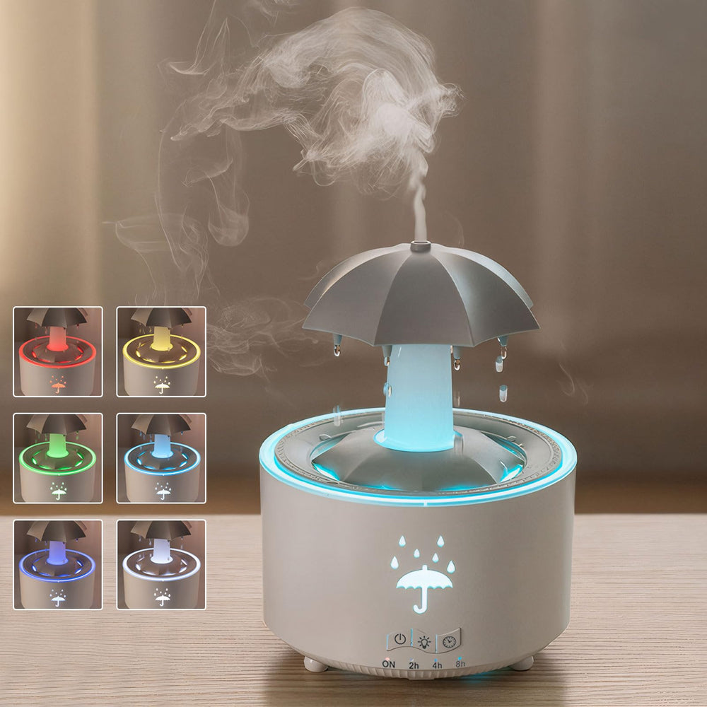 White Raindrop humidifier with 300ml tank and rotatable umbrella design on a desk