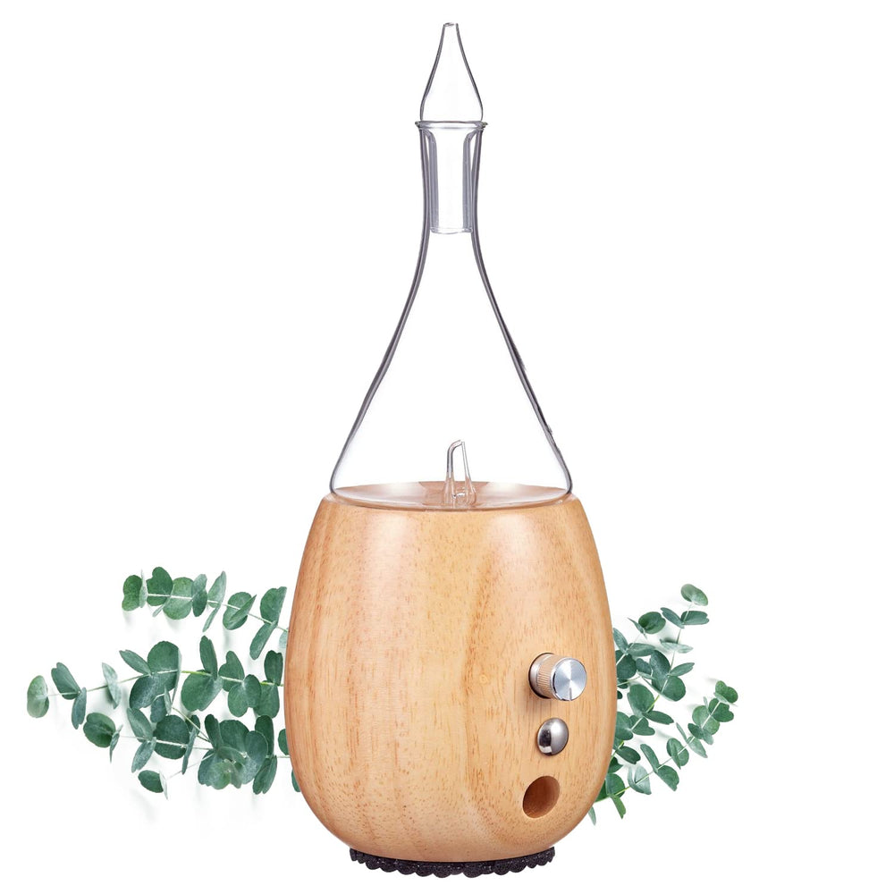 Front view of Organic Aromas Raindrop 2.0 diffuser with glass nebulizer and hardwood base