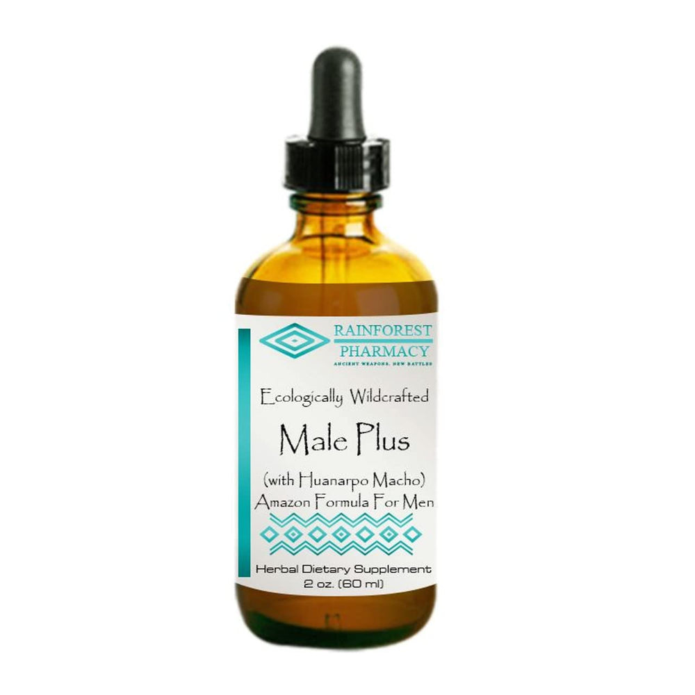 Bottle of Rainforest Pharmacy Male Plus with Huanarpo Macho Extract (2 oz) featuring Amazonian herbs.
