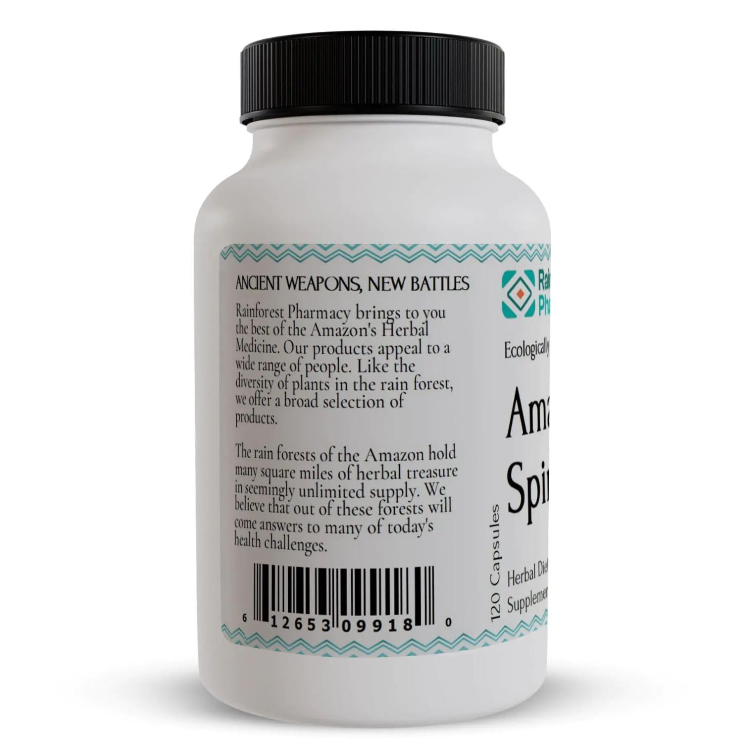 Close-up of Spiro 500 mg capsules with Amazon rainforest herbs
