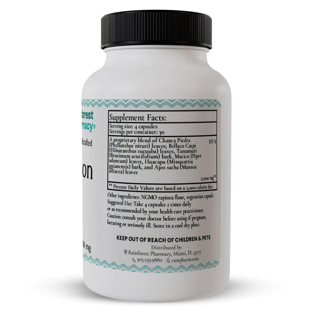 Ingredient blend of chanca piedra, bellaco caspi, tamamuri, matico, huacapu, and ajos sacha in Rainforest Pharmacy Spiro packaging
