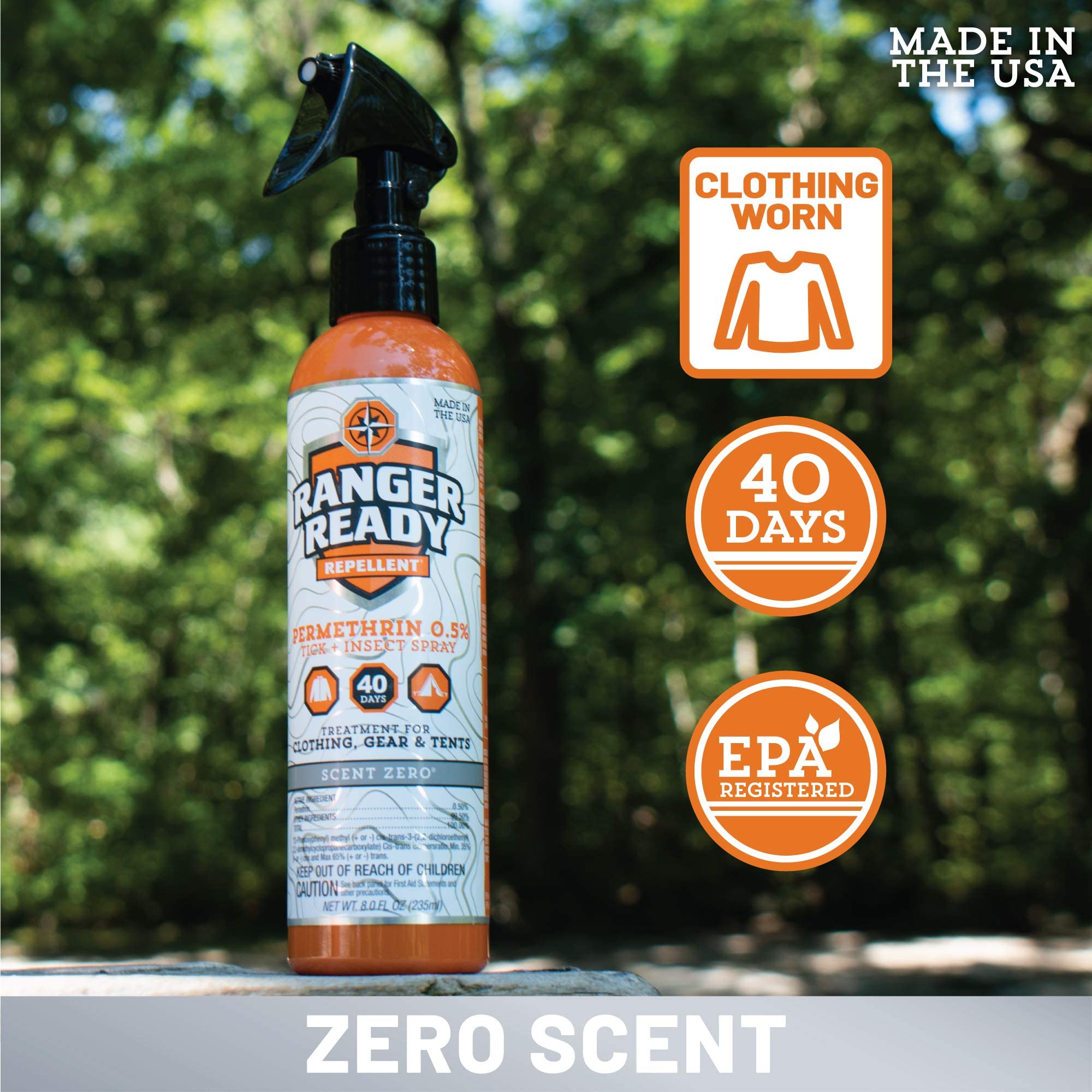 Ranger Ready Permethrin fine mist trigger ensures even coverage on fabrics.