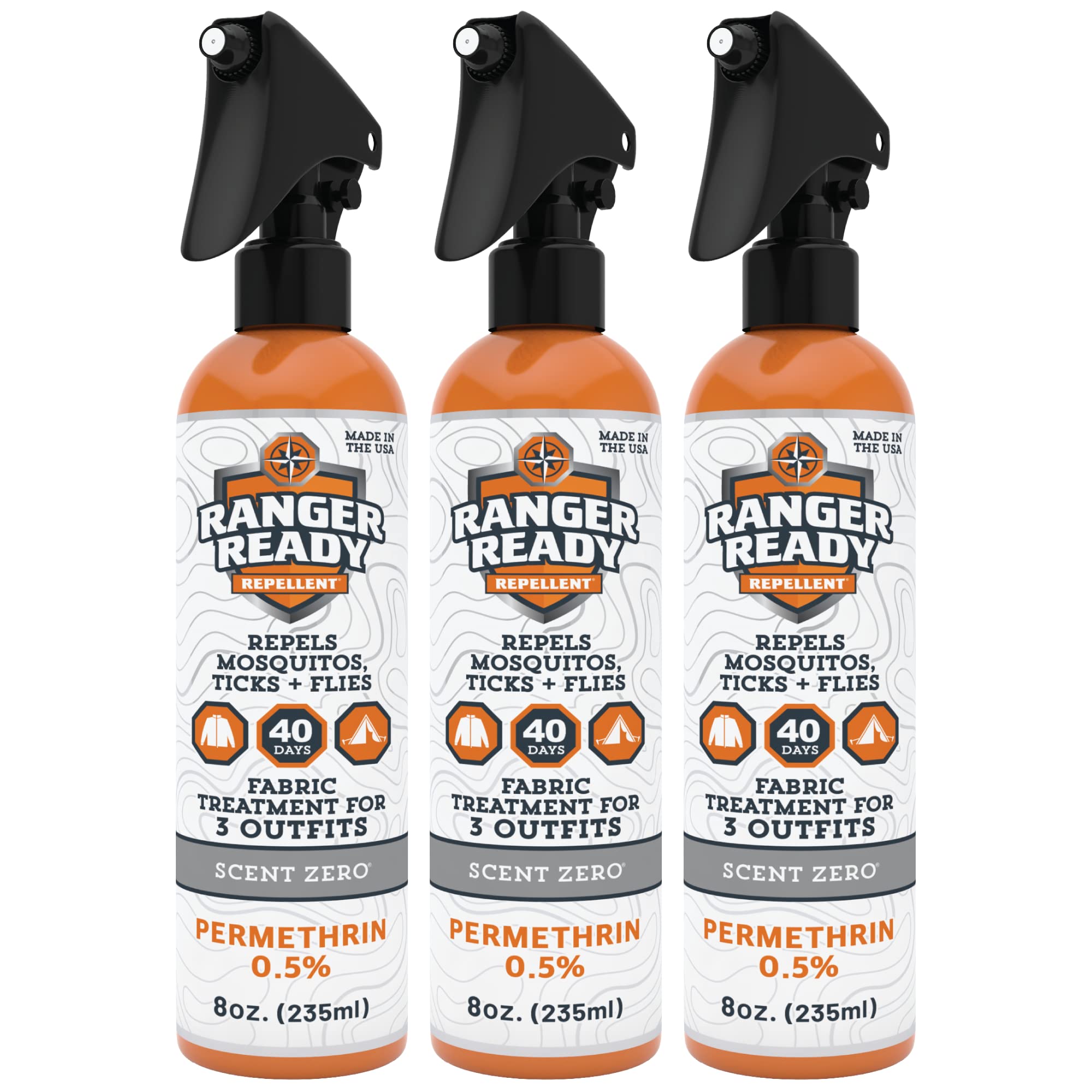 Ranger Ready Permethrin spray bottle with 8oz pack protects clothing and gear.