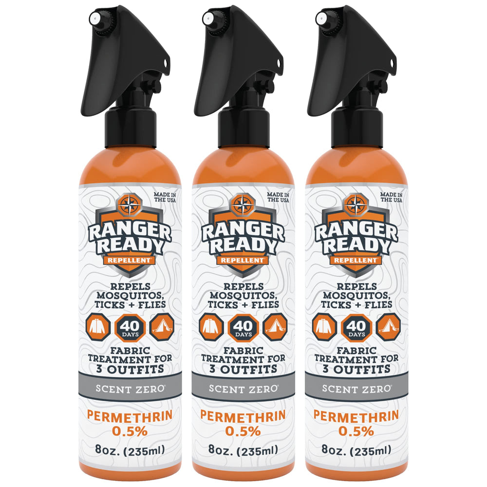 Ranger Ready Permethrin spray bottle with 8oz pack protects clothing and gear.
