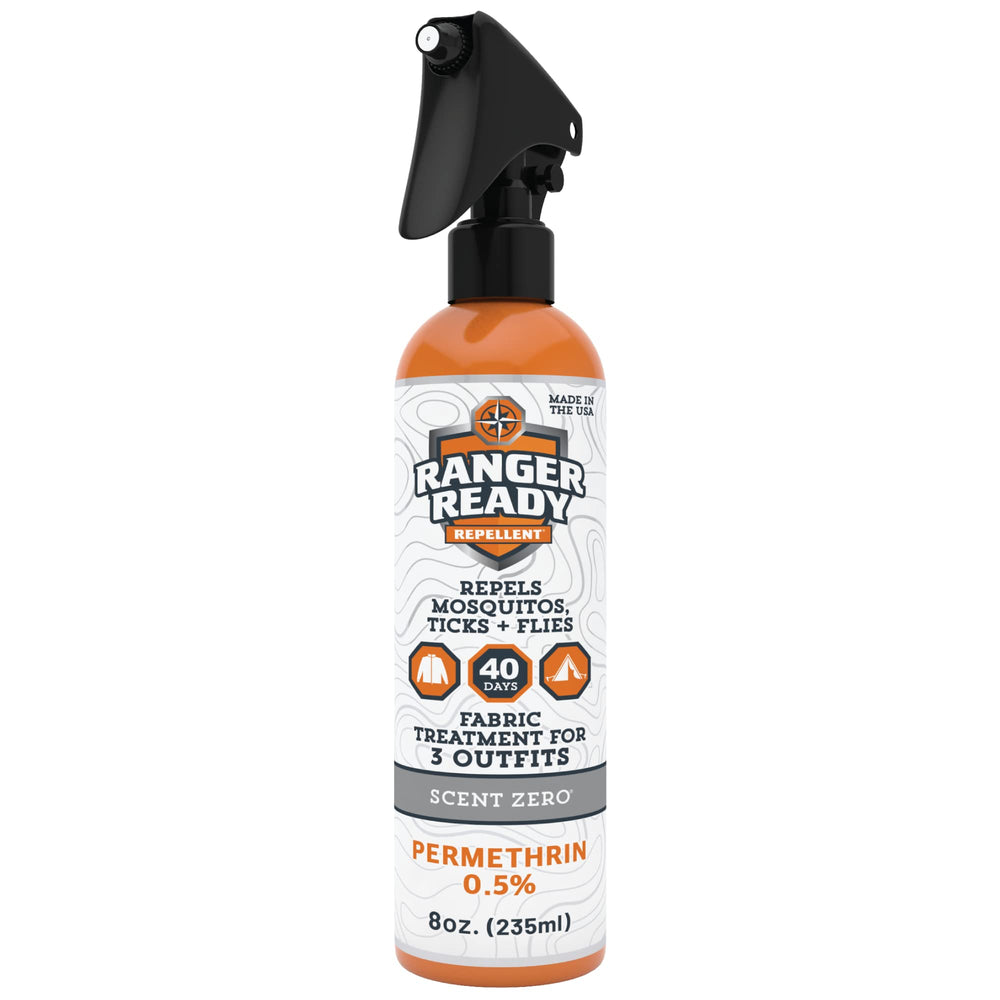 Ranger Ready Permethrin spray bottle front view showing tick protection for clothing.