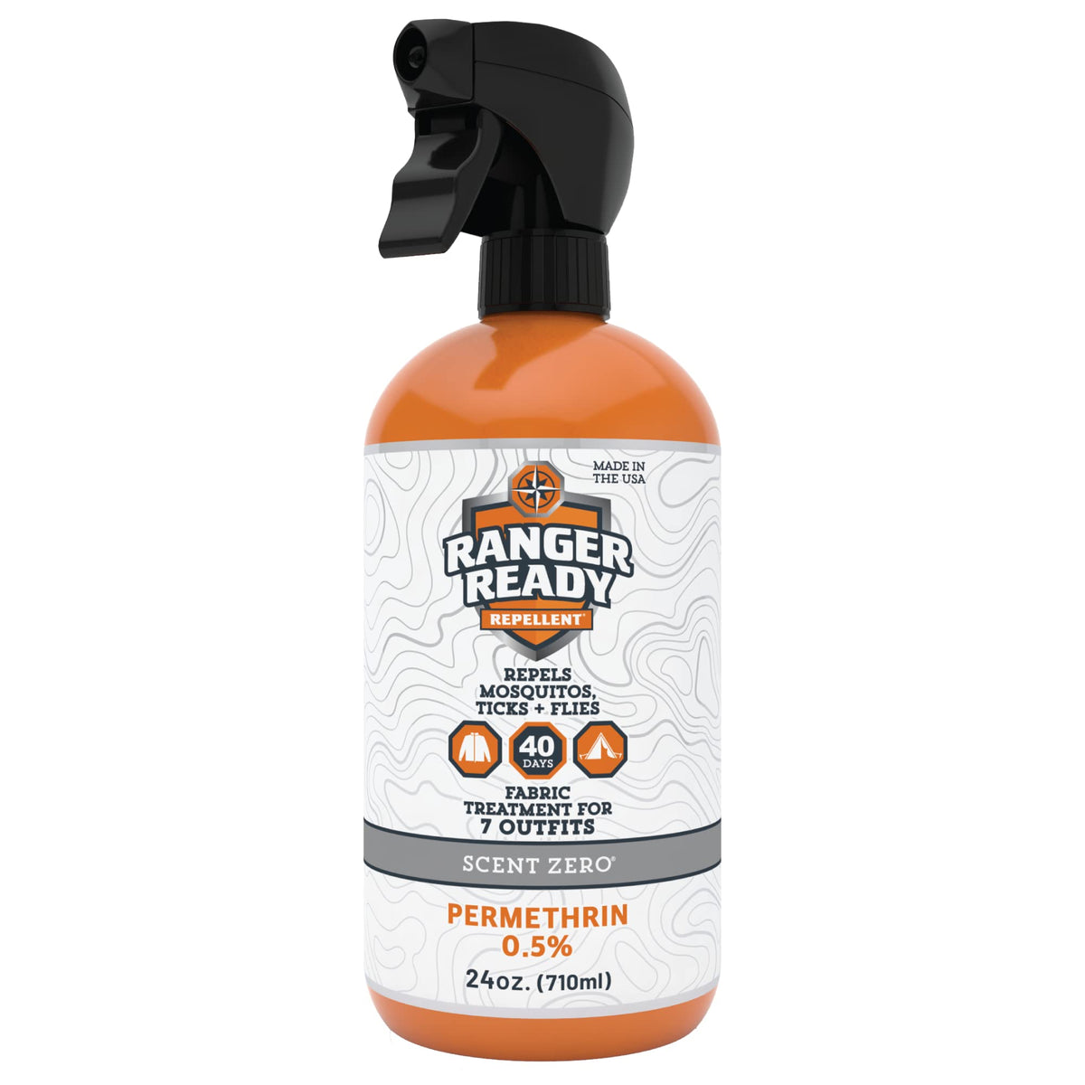 Ranger Ready Permethrin Spray bottle releasing a fine mist for fabric protection.