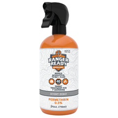 Ranger Ready Permethrin Spray bottle releasing a fine mist for fabric protection.