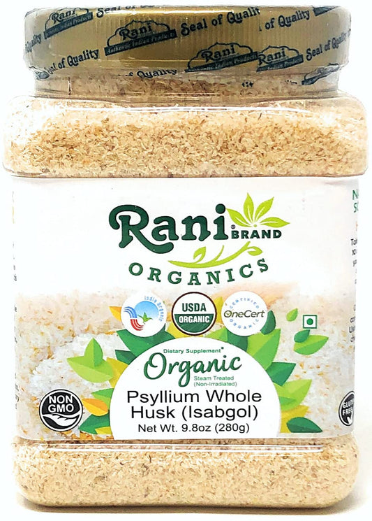 Front view of Rani Organics Psyllium Whole Husk Powder jar with USDA Organic label