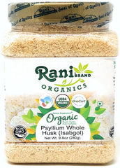 Front view of Rani Organics Psyllium Whole Husk Powder jar with USDA Organic label
