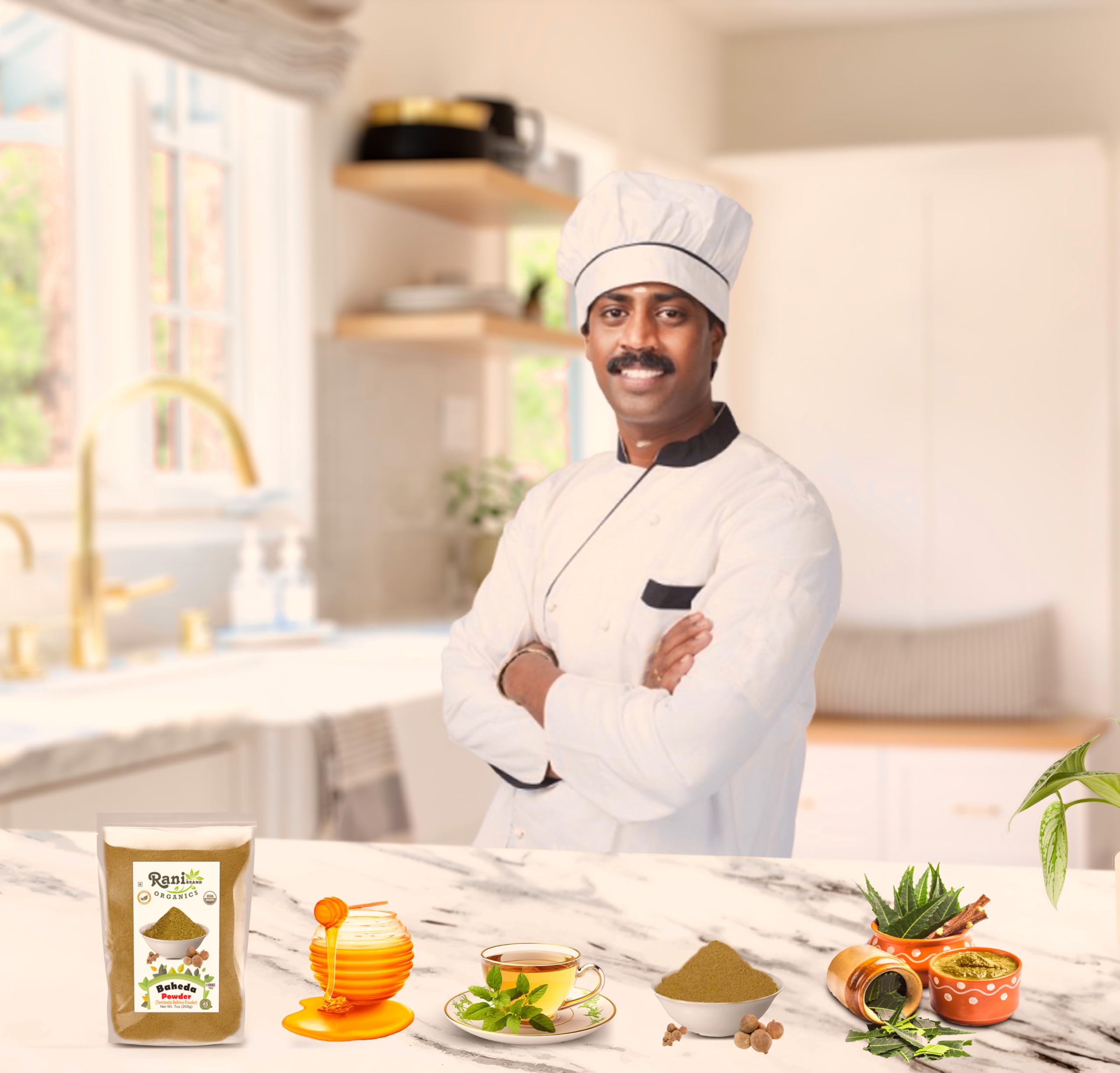 USDA Organic certification badge beside Baheda powder