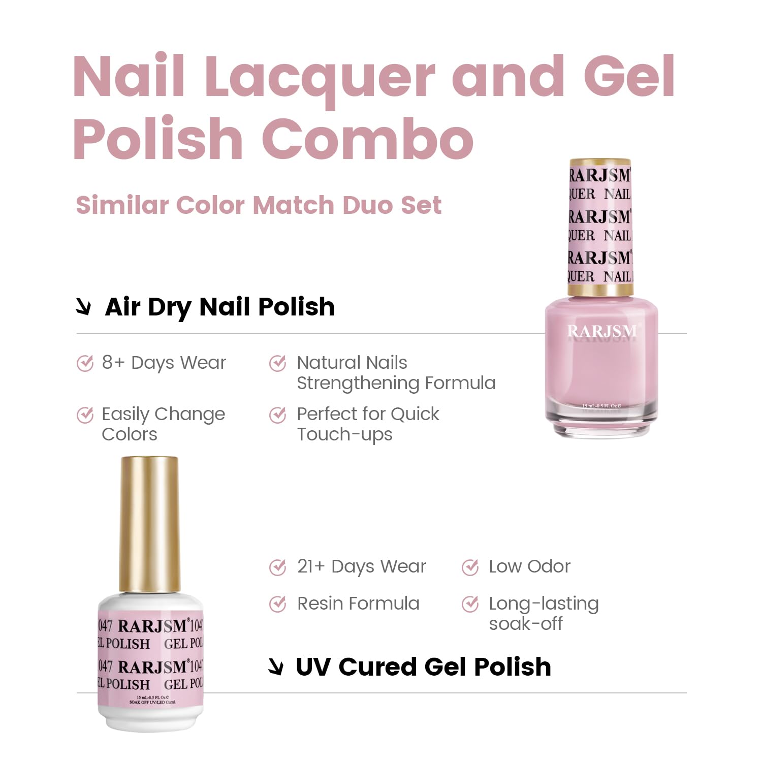 RARJSM nude pastel pink lacquer bottle highlighting quick-dry convenience