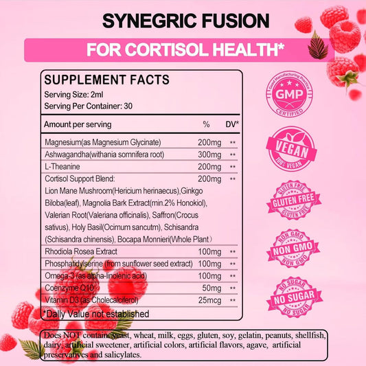 Raspberry flavor cortisol drops showing 2 ml serving