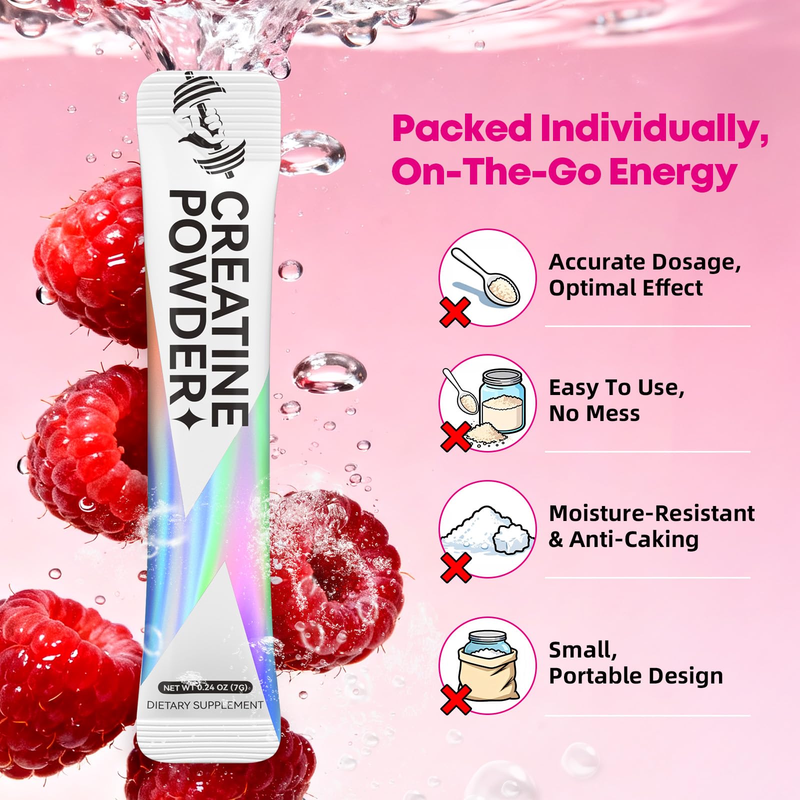 Finished product: 30 raspberry flavor creatine travel packets