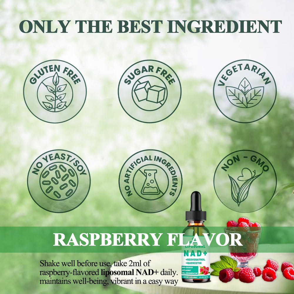 Raspberry-flavored NAD liquid drops being added to a drink