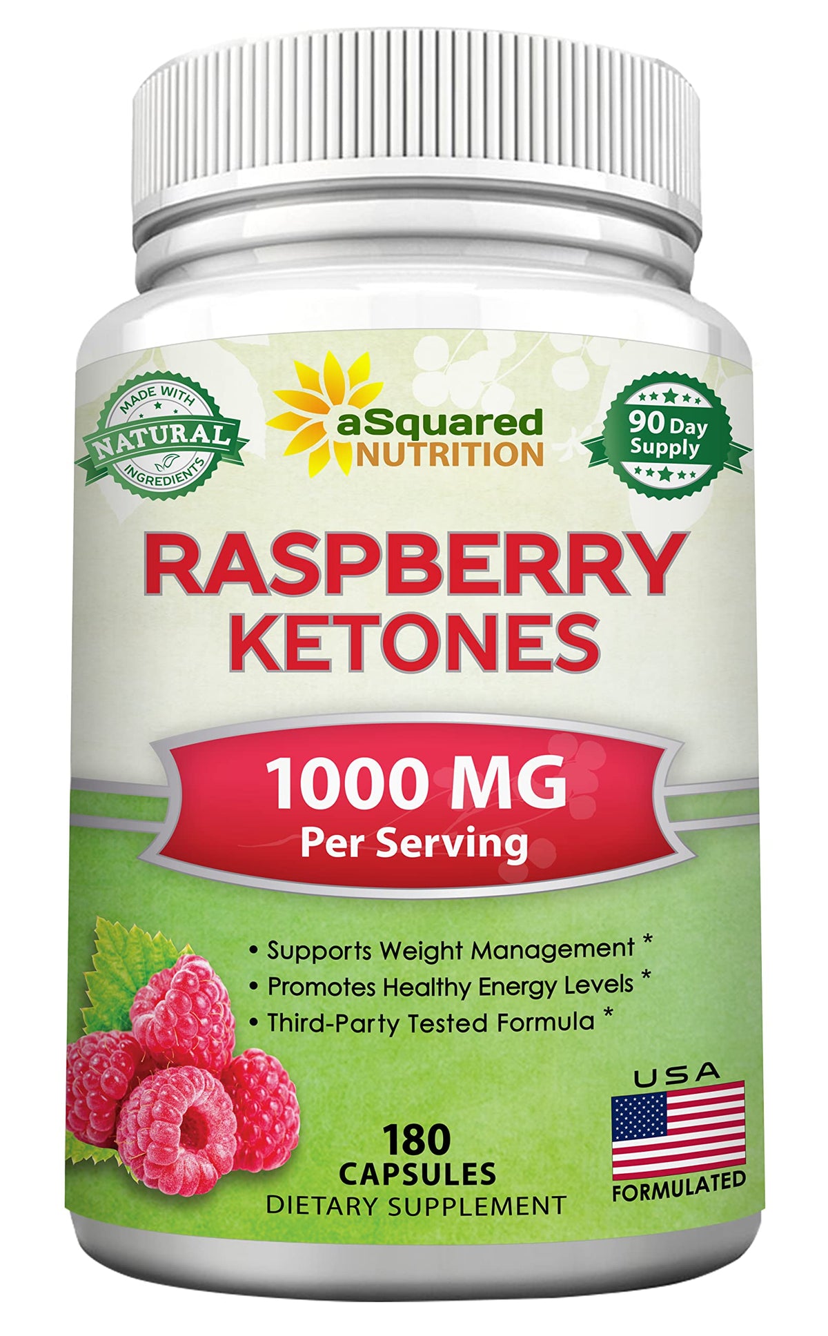 Raspberry Ketones 1000mg bottle - front view with 180 capsules