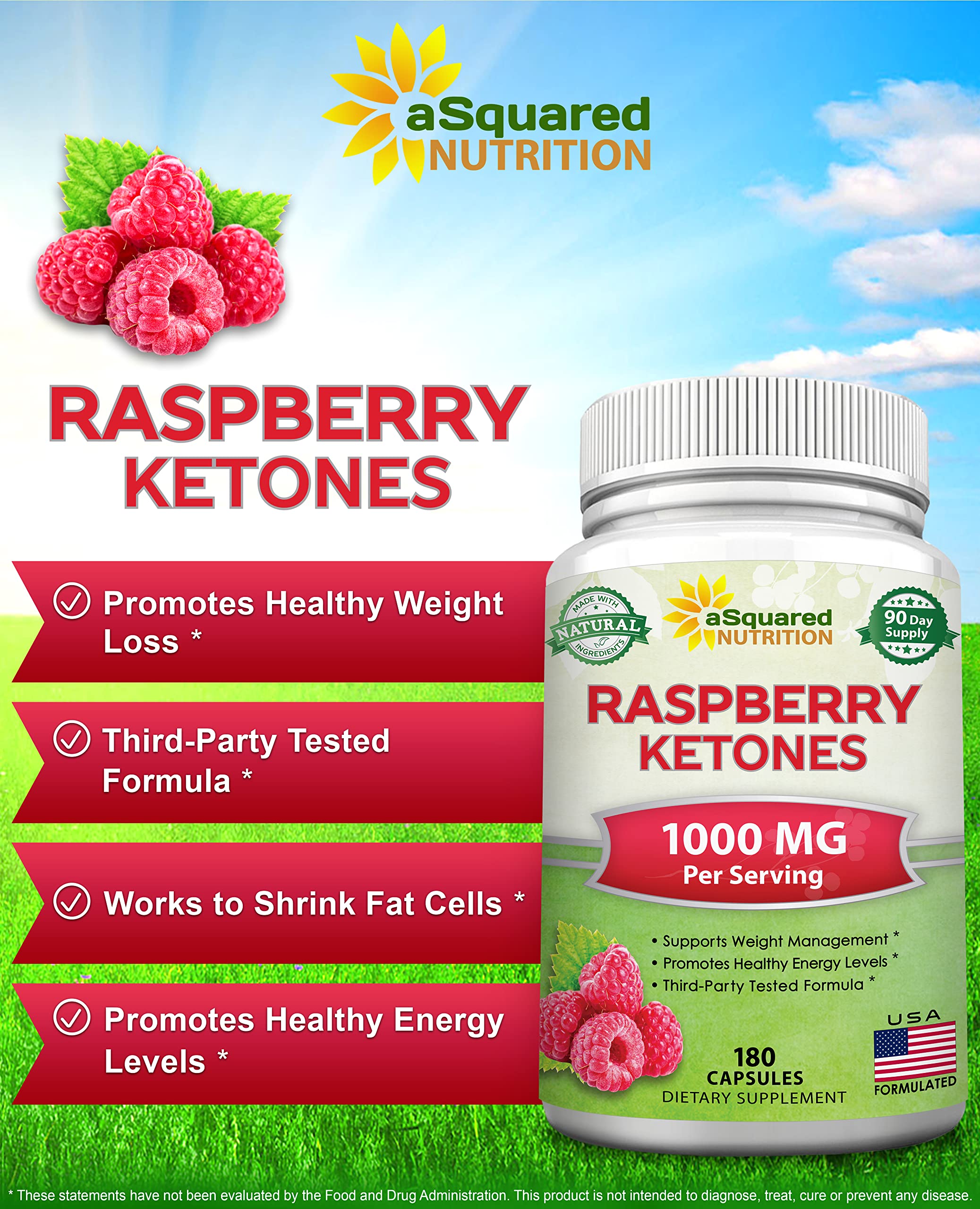 Close-up of raspberry ketones bottle and label - 1000mg per serving