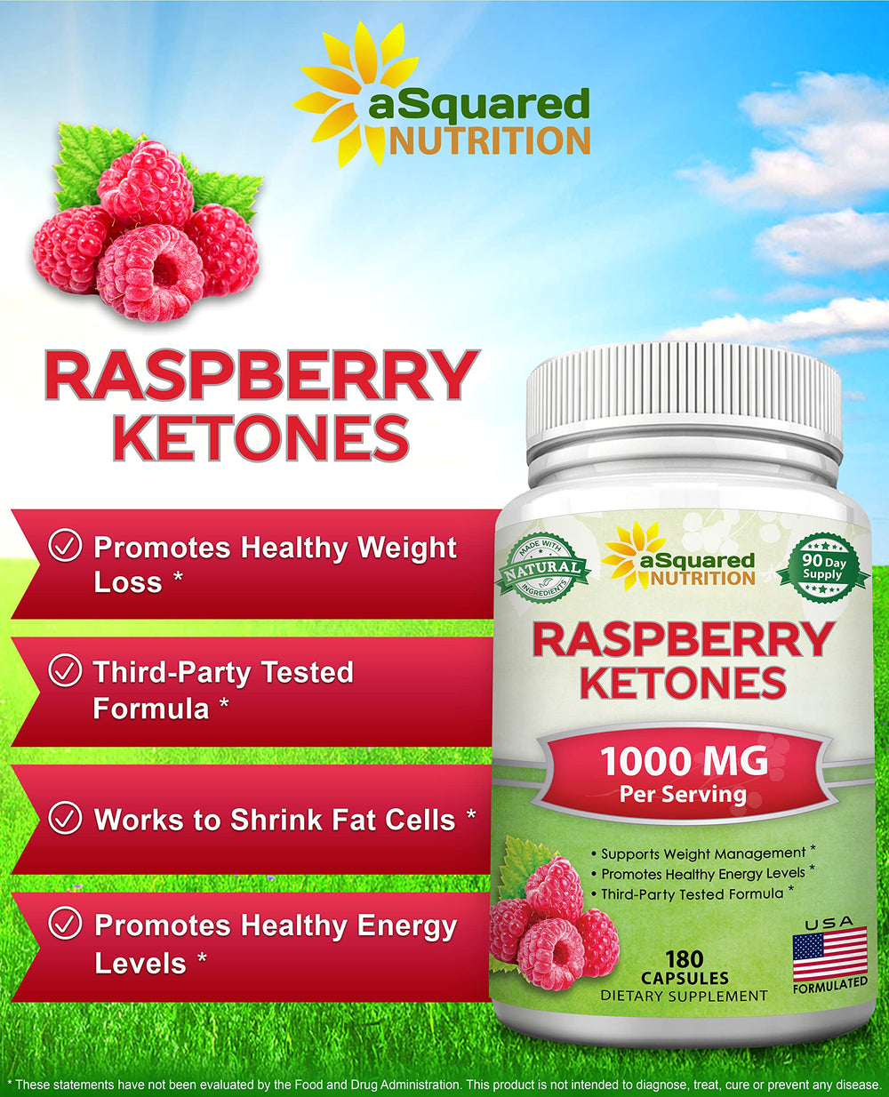 Close-up of raspberry ketones bottle and label - 1000mg per serving