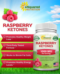 Close-up of raspberry ketones bottle and label - 1000mg per serving