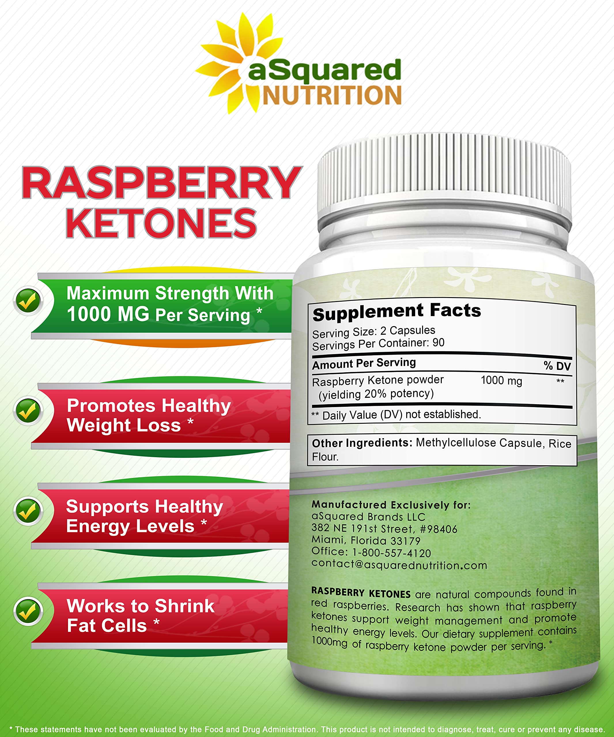 Front view of aSquared Nutrition Raspberry Ketones packaging