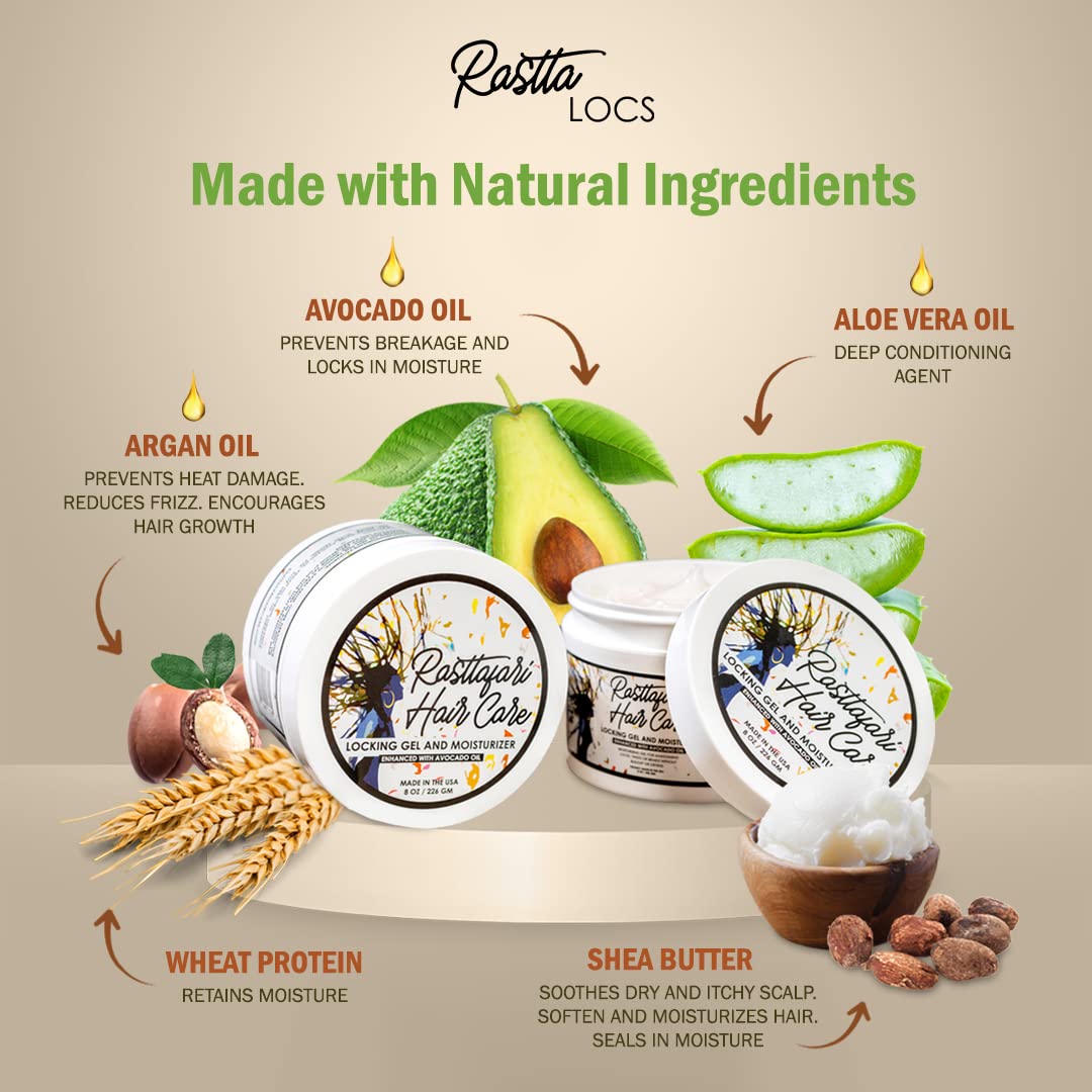Rasttafari Locs Gel ingredients list with avocado and argan oils