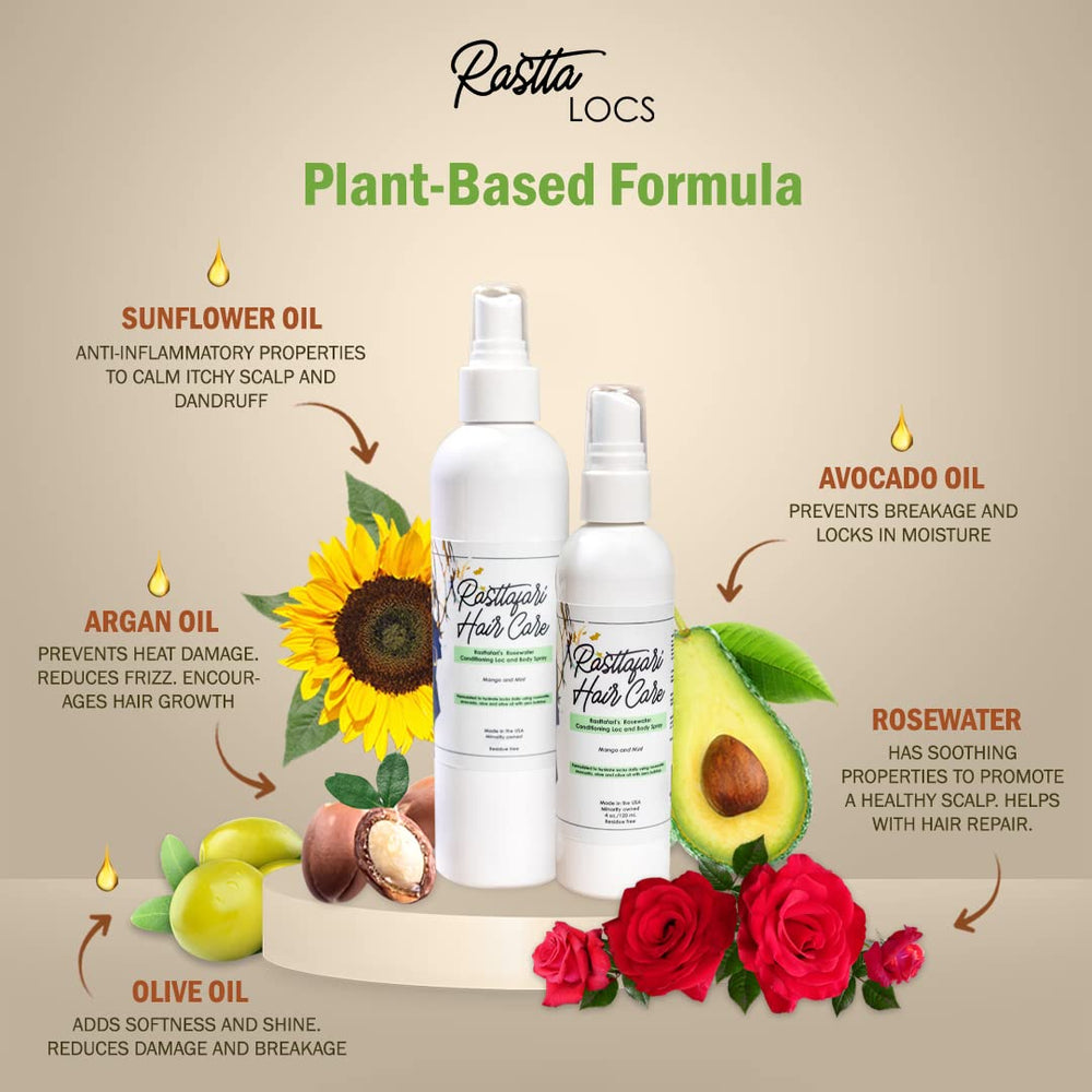 Rasttafari Rastta Locs Type 4 hair refreshed with rosewater spray.