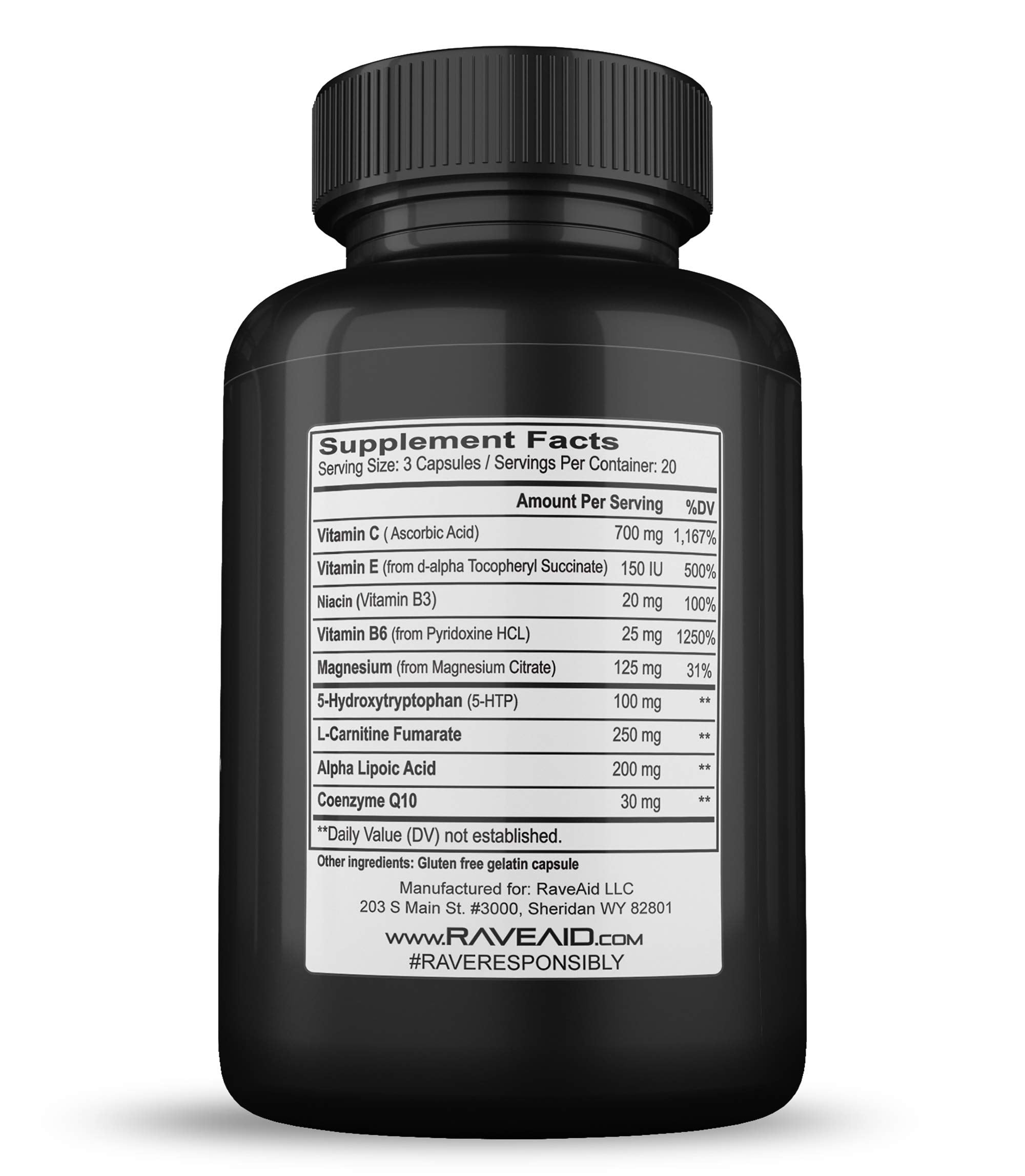 Close-up of ingredients like 5-HTP, magnesium, and vitamin C