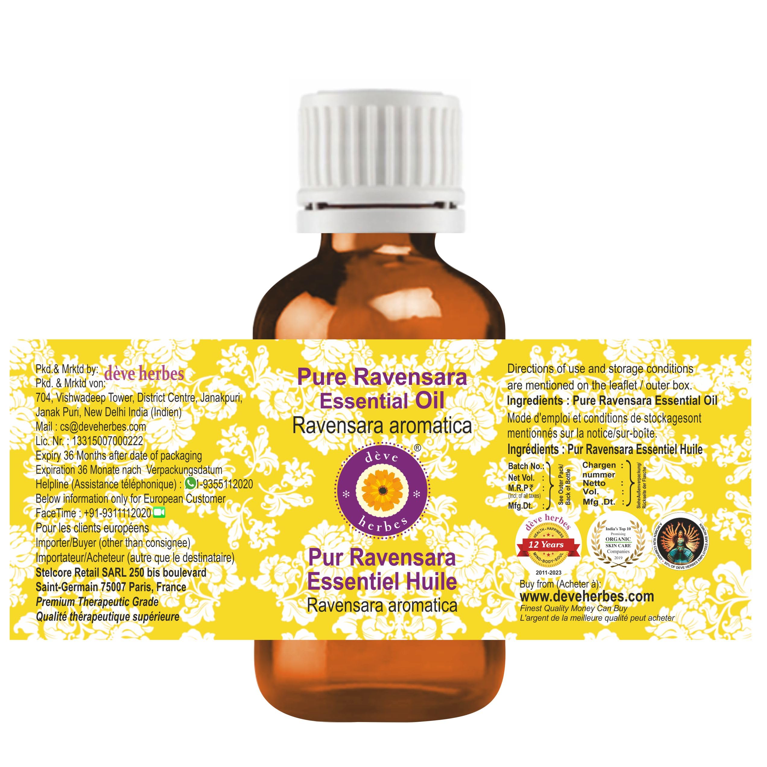 Close-up of Ravensara aromatica essential oil bottle