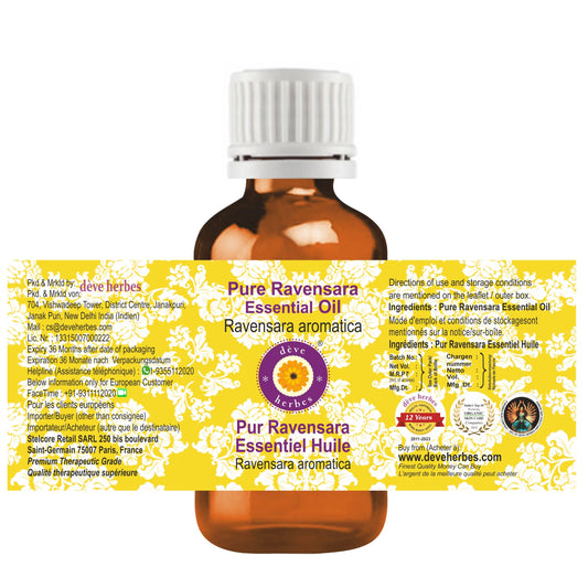Close-up of Ravensara aromatica essential oil bottle