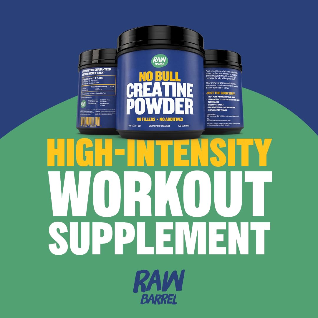 Back view of Raw Barrel No Bull Creatine Powder 500g label