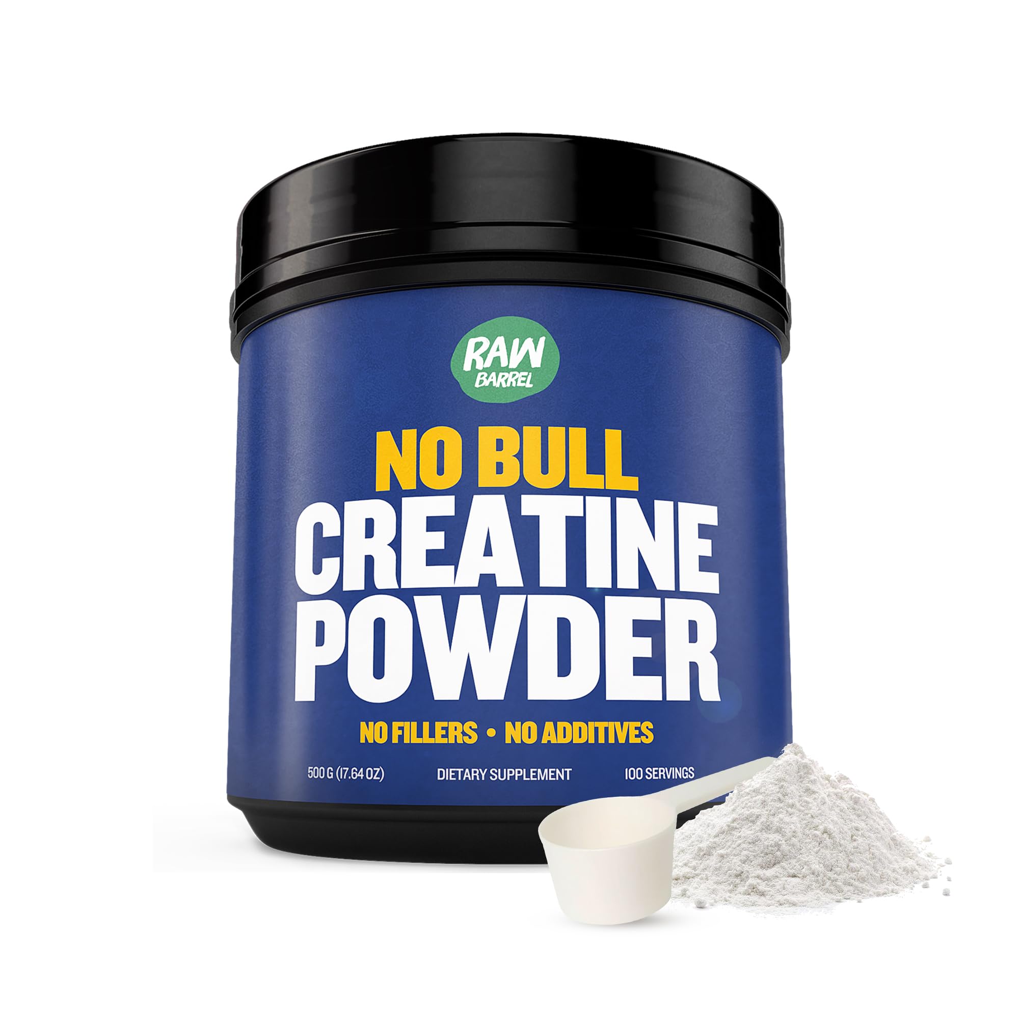 Front view of Raw Barrel No Bull Creatine Powder 500g