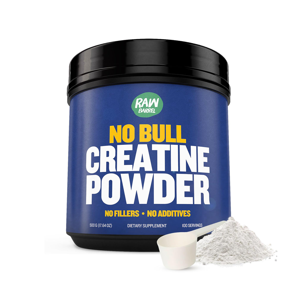 Front view of Raw Barrel No Bull Creatine Powder 500g