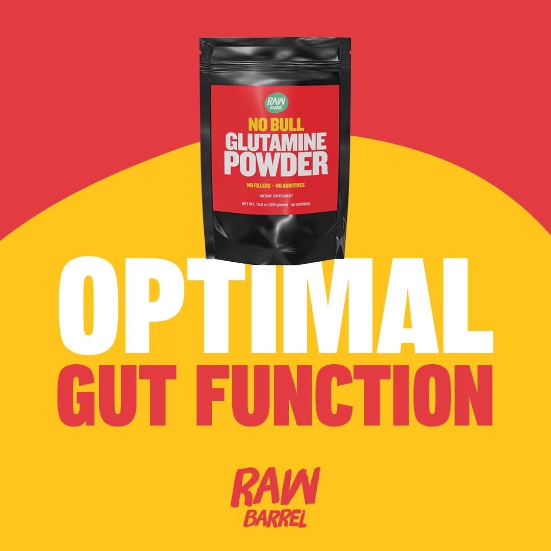 Close-up of Raw Barrel No Bull L-Glutamine Powder label